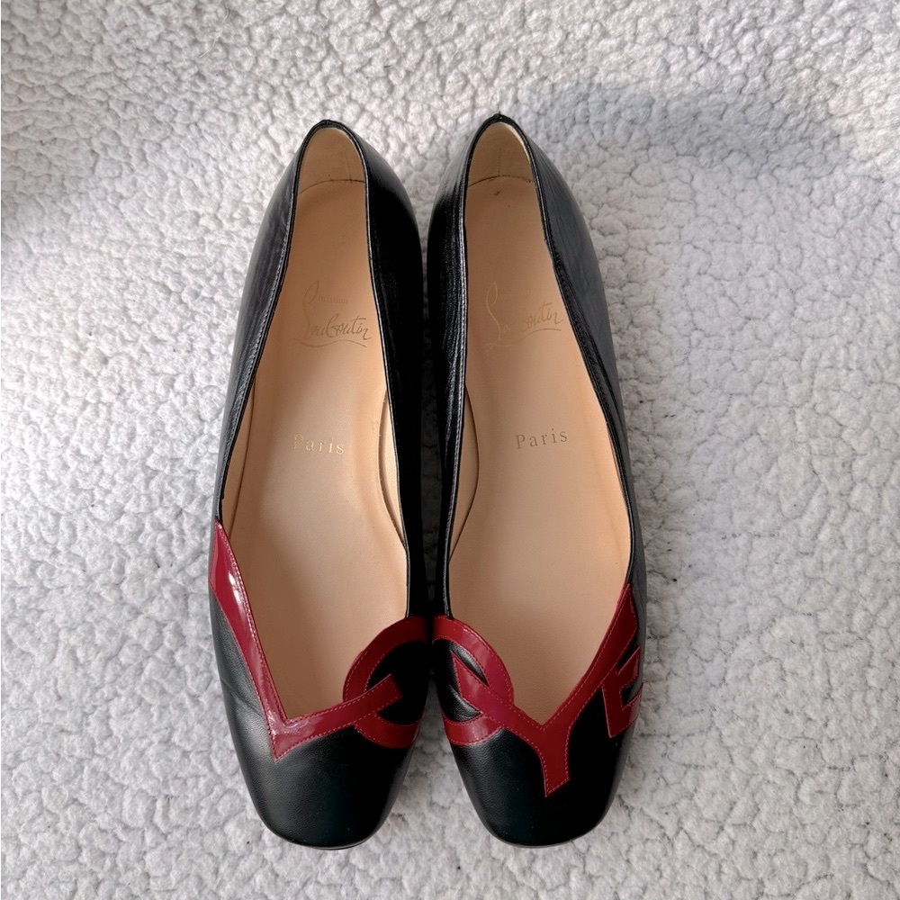Christian Louboutin LOVE Black Red Leather Ballet Flats Size 38 1/2